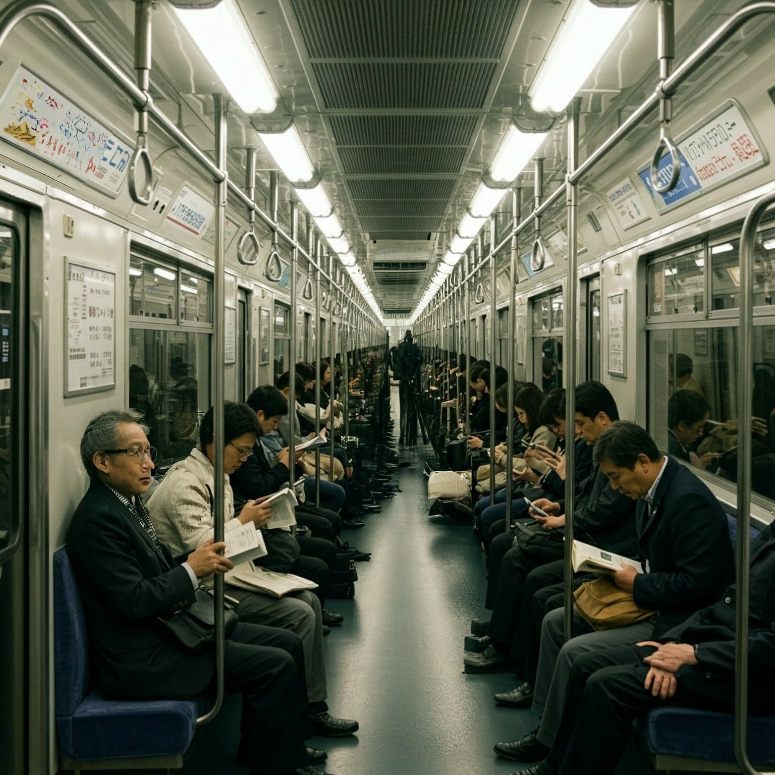 地下鉄で帰路にある人々