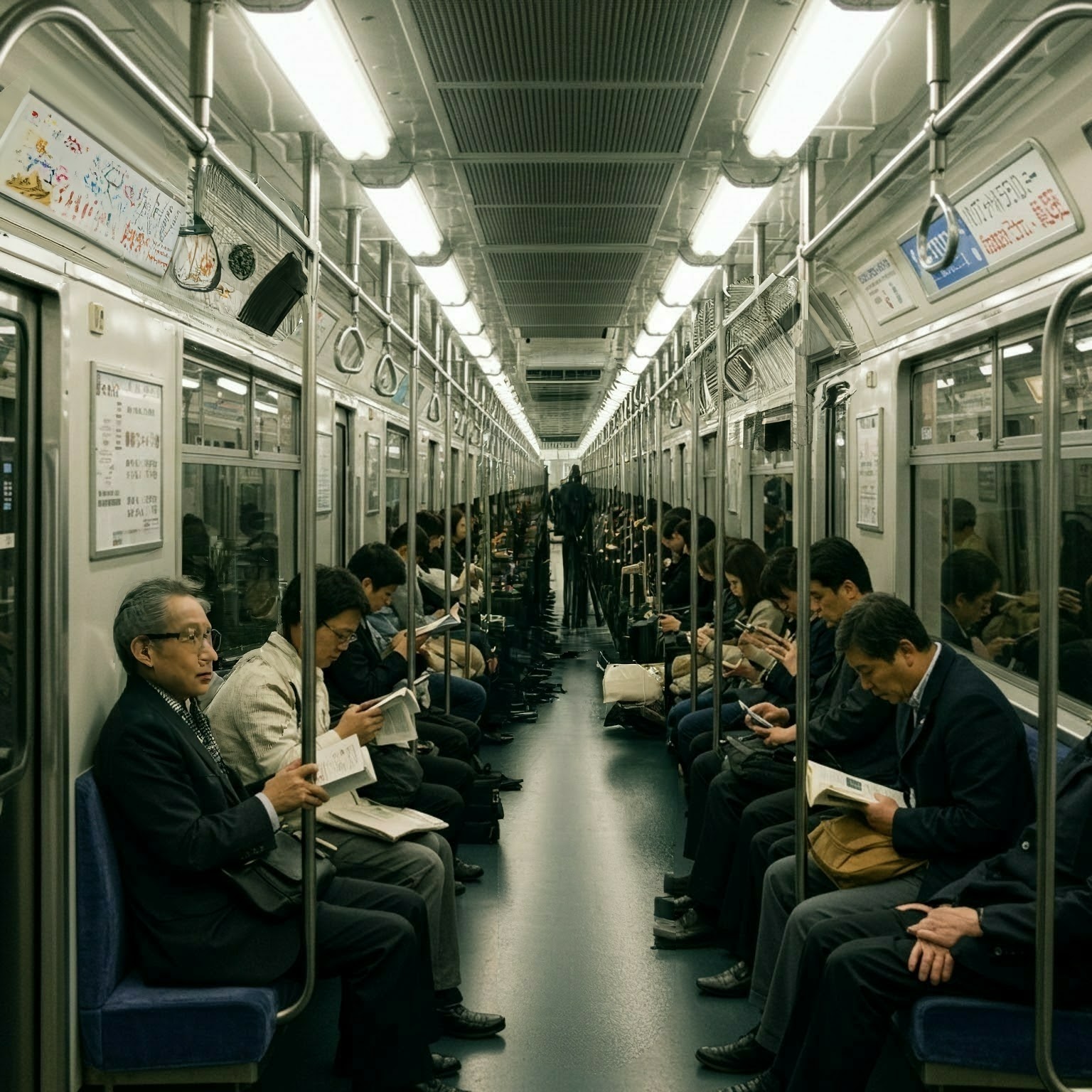 地下鉄で帰路にある人々