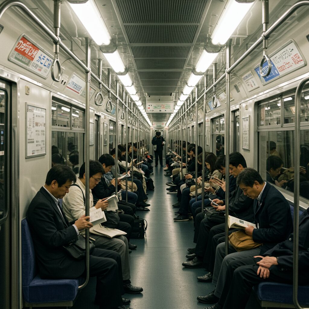 地下鉄の電車に揺られる人