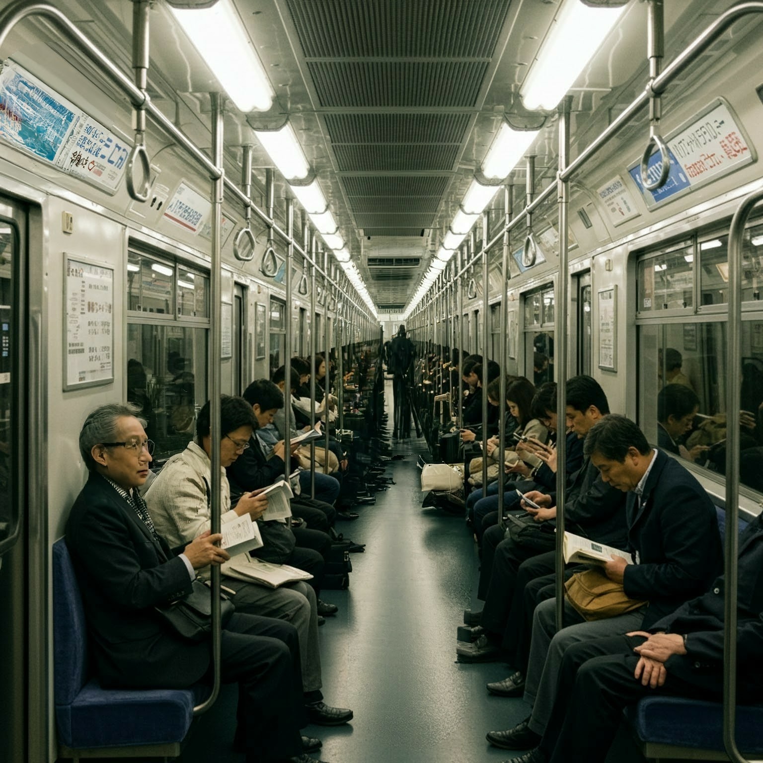 地下鉄の電車に揺られ帰宅中のサラリーマン